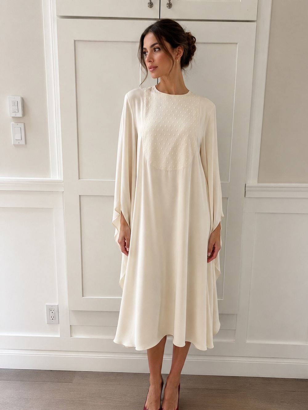 Valentino Garavani Cream Long Sleeve Midi Dress 100% silk